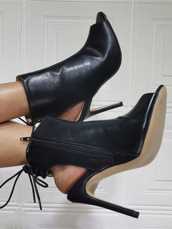 ブラック アンクル ピープトウ スリングバック レースアップ ハイヒール ブーティー