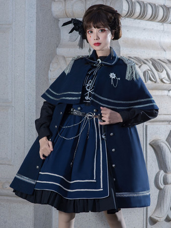Cappotto Lolita stile militare gotico Lolita Cappotto con mantella Lolita in poliestere a maniche lunghe girocollo blu scuro
