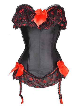 オーバーバストコルセット，ブラック　セクシー　レースアップ　サテン　プラスサイズ　