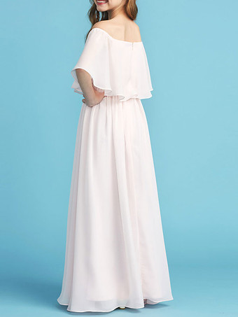 Robe fille de fleur pale rose en chiffon col bateau jupe plissée longueur au sol robe fille cérémonie