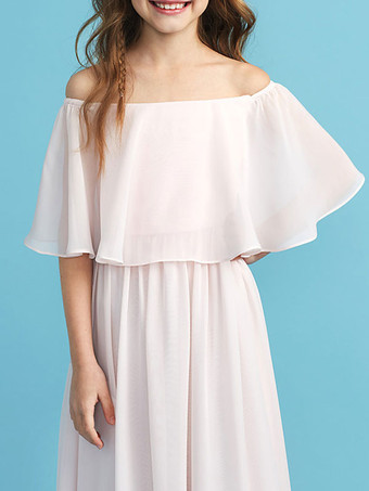 Robe fille de fleur pale rose en chiffon col bateau jupe plissée longueur au sol robe fille cérémonie