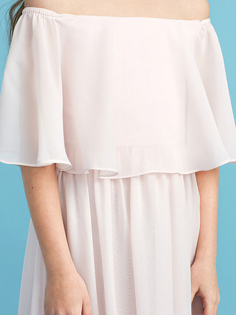 Robe fille de fleur pale rose en chiffon col bateau jupe plissée longueur au sol robe fille cérémonie