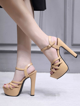 レディースヒールサンダルブラックチャンキーヒールアーモンドトゥPUレザーハイヒールサンダル