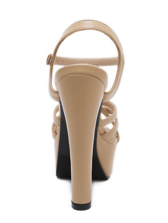 レディースヒールサンダルブラックチャンキーヒールアーモンドトゥPUレザーハイヒールサンダル