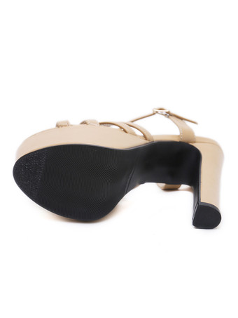 レディースヒールサンダルブラックチャンキーヒールアーモンドトゥPUレザーハイヒールサンダル