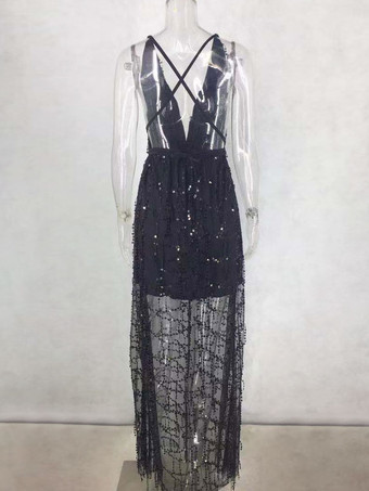 誕生日ホルターマキシドレスブラックノースリーブVネックヴィンテージロングドレス