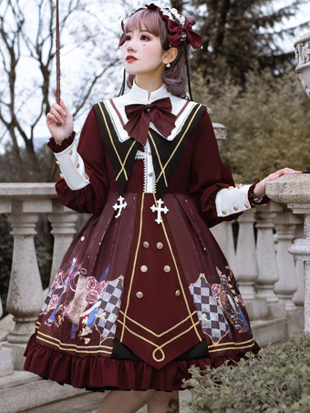 Academic Sweet Lolita OP Dress 4-Piece Set Burgundy Grommets Bows Lolita One Piece Dresses Outfit