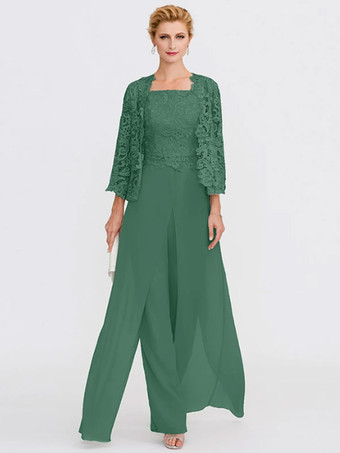 ダークグリーン花嫁のマザーガウンバトーネック長袖Aラインレースライトグレーゲストパンツサッシ付き結婚式用スリーピース