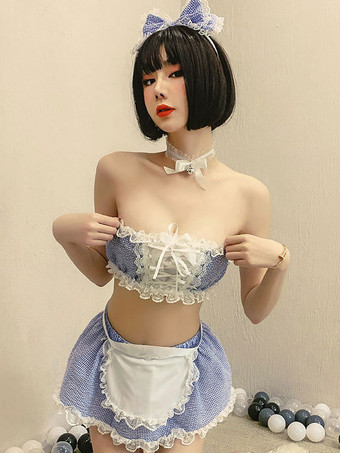 Women Sexy Maid Costume 6-Piece Set Mini Skirt T-Back Apron Headwear Choker Bra Servant Sexy Bedroom Costumes