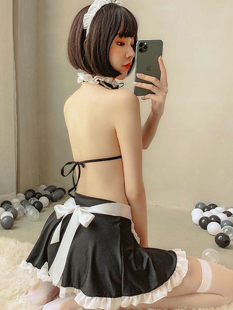 レディースメイドコスチューム6ピースセットミニスカートTバックエプロンブラヘッドウェアチョーカーサーヴァントセクシーベッドルームコスチューム