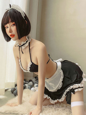 レディースメイドコスチューム6ピースセットミニスカートTバックエプロンブラヘッドウェアチョーカーサーヴァントセクシーベッドルームコスチューム