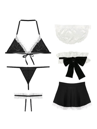 レディースメイドコスチューム6ピースセットミニスカートTバックエプロンブラヘッドウェアチョーカーサーヴァントセクシーベッドルームコスチューム