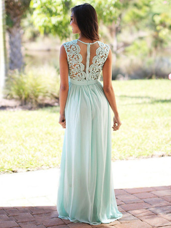 Robes de demoiselle d'honneur rose clair en chiffon col rond en dentelle longueur au sol