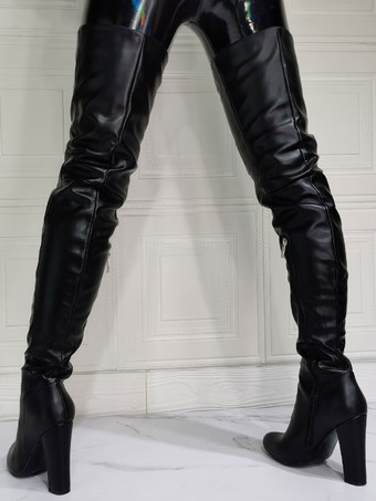 レディース サイハイブーツ PUレザー ブラック スカイハイ チャンキーヒール オーバーザニーブーツ