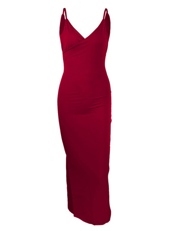 ノースリーブドレス ドレープバック スパゲッティストラップ スリット プロム 誕生日パーティー マキシドレス