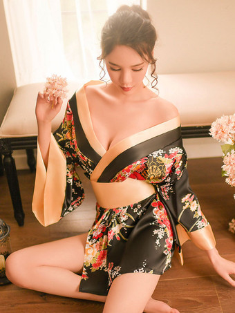 Sexy Kimono For Women Charming Floral Print Black Bedroom Costume 3-Piece Set