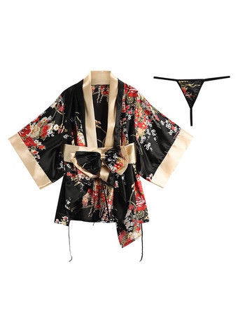 女性のためのセクシーな着物チャーミングなフローラルプリントポリエステルブラックベッドルームコスチューム3ピースセット