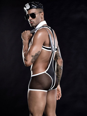 メンズセクシーコスチュームブラックアダルトジャンプスーツハットクラバット3ピースセットポリエステルナイトクラブウェア