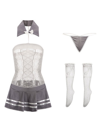 Women Sexy School Girl Costume Grey Dress Anklets T-Back Outfits