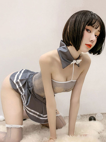 Women Sexy School Girl Costume Grey Dress Anklets T-Back Outfits