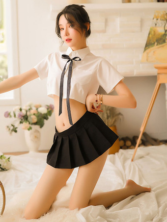 Women Sexy School Girl Costume 3-Piece Set White Top Black Mini Skirt Cravat Outfits