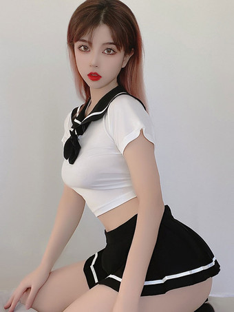 レディースセクシースクールガールコスチューム3ピースセットブラックミニスカートTバックトップス衣装