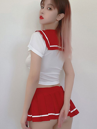 レッド レディースセクシースクールガールコスチューム3ピースセットブラックミニスカートTバックトップス衣装