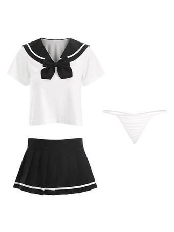 レディースセクシースクールガールコスチューム3ピースセットブラックミニスカートTバックトップス衣装