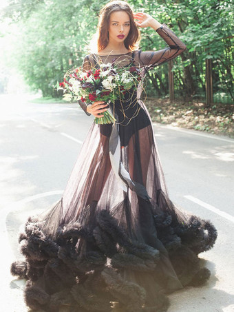 マタニティブラックのウェディングドレスジュエルネック長袖チュールロングブリッジドレストレイン無料カスタマイズ