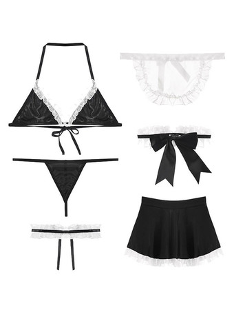 女性セクシーメイドコスチューム6ピースセットブラックチョーカーTバックエプロンブラミニスカート帽子サーヴァントガールコスチューム衣装