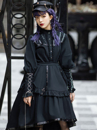 Academic Lolita Conjunto de 2 piezas Ojales con cordones negros Mangas largas Falda superior Trajes de blusa