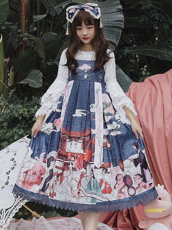 Gothic Lolita JSK Dress Fairytale Infanta senza maniche in pizzo blu navy Gothic Lolita Jumper Skirts