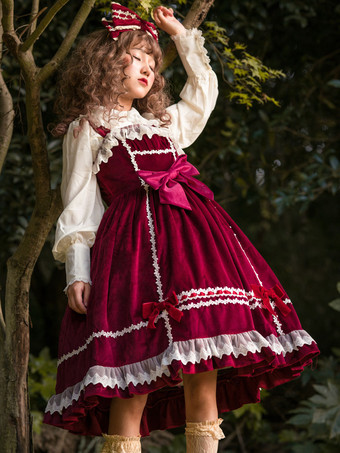 Sweet Lolita JSK Dress Fairytale Infanta Sin mangas Encaje Borgoña Lolita Jumper Faldas