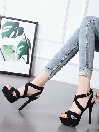 Sandalias de plataforma para mujer Sandalias de tacón de felpa con punta abierta de cuero negro de PU