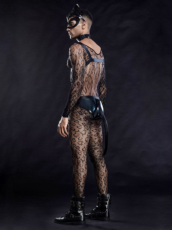 メンズセクシーコスチュームブラック5ピースセットトップジャンプスーツパンツマスククラバットポリエステルセクシーナイトクラブウェア