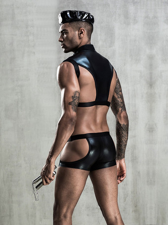 メンズセクシーコスチュームブラック3ピースセットトップパンツ帽子ポリエステルセクシーナイトクラブウェア