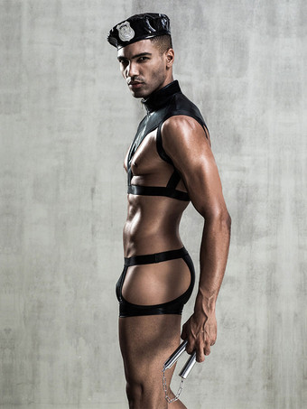 メンズセクシーコスチュームブラック3ピースセットトップパンツ帽子ポリエステルセクシーナイトクラブウェア