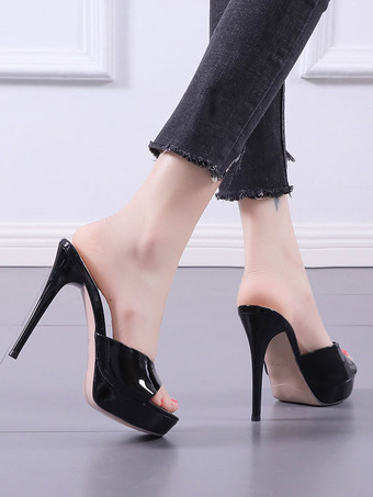 レディーススリッパカーキパテントPUピープトウスティレットヒールスリングバックセクシーヒールスリッパ