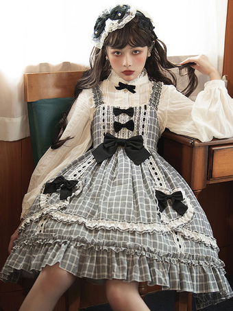 Sweet Lolita JSK Dress Black Plaid Bowkonts Polyester Lolita Jumper Skirts