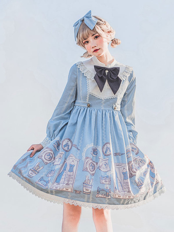 Sweet Lolita OP Dress Baby Blue Manga larga Bowknot Lolita Vestidos de una pieza