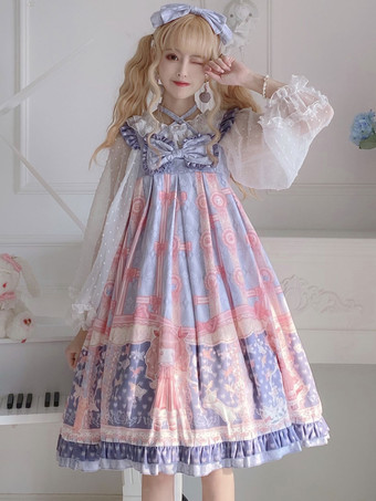 Vestido Kawaii Sweet Lolita JSK Vestido Azul Céu Claro Poliéster Laço Sem Mangas Sweet Lolita Jumper Saias