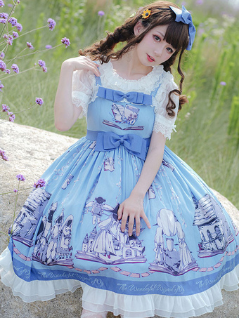 Douce Lolita JSK Robe Imprimé Jupes Lolita Bleu Bébé Sans Manches