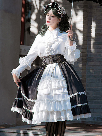 Sweet Lolita SK surjupe bicolore noir blanc plissé volants sans manches jupes Sweet Lolita