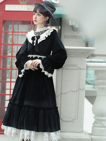 Classical Lolita OP Dress 4-Piece Set Bowknots Long Sleeves Black Long Lolita One Piece Dresses Outfit
