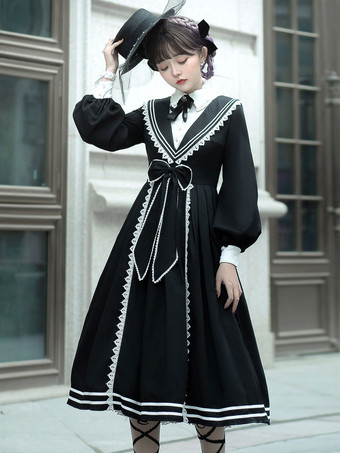 Academic Classical Lolita OP Dress 2-Piece Set Bowknot Lace Up Black Long Sleeves Lolita One Piece Dresses Outfit