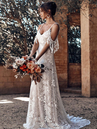 Vestido de novia bohemio con tren Marfil A-Line Sin mangas con cuello en V Sin respaldo Vestidos de novia de encaje Personalización gratuita