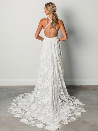 Boho Brautkleid Hippie-Braut elfenbeinfarbe V-Ausschnitt Spitze ärmellos Boho Vintage Brautkleid