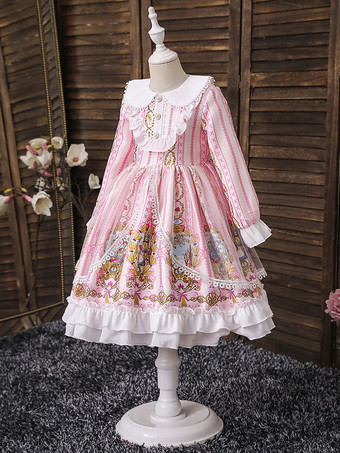 フラワーガールドレスピンクジュエルネック長袖刺繡キッズパーティードレス