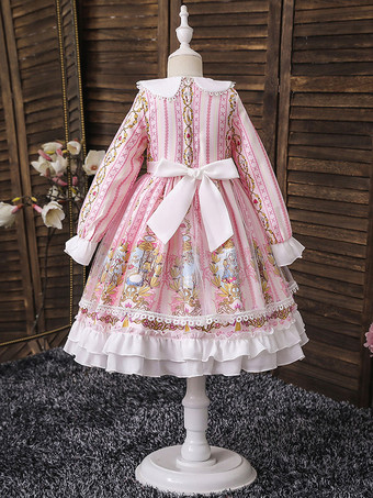 フラワーガールドレスピンクジュエルネック長袖刺繡キッズパーティードレス