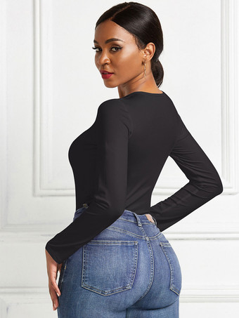 レディースボディスーツブラックロングスリーブジュエルネックセクシーなポリエステルトップ
